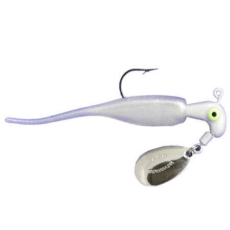 Blakemore Road Runner Slab Runner fishing lure in pearl white featuring a soft body with a curved tail, jig head with a single hook, and a shiny silver spinner blade for attracting fish.