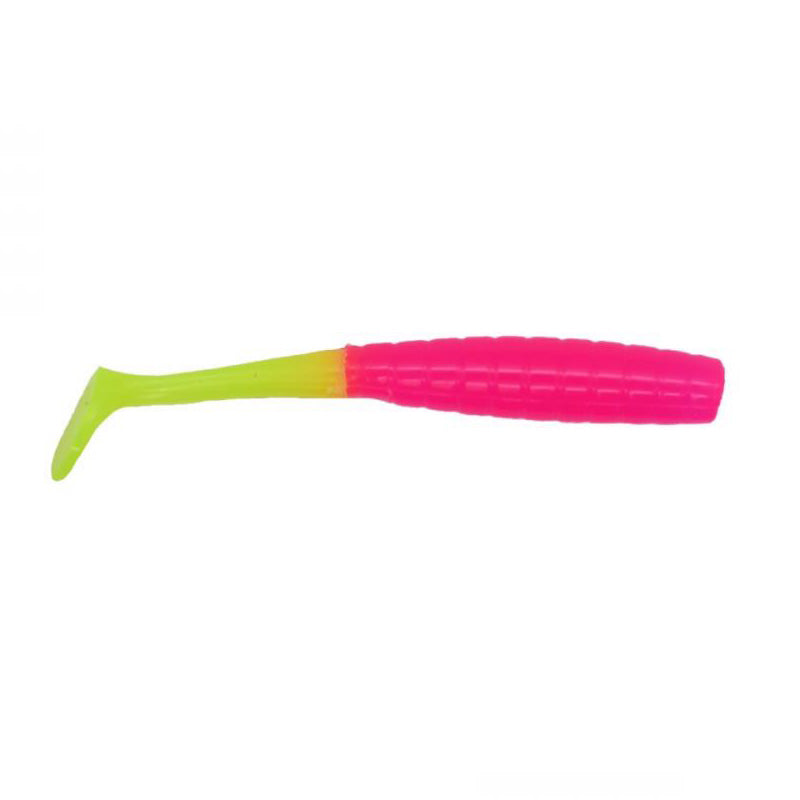 Crappie Magnet Tiny Dancer soft fishing lure with segmented bright pink body and chartreuse paddle tail designed for attracting crappie and other freshwater fish.