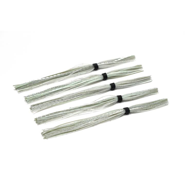 Five bundles of translucent pale green fishing lure skirts with black bands, designed for use as 6th Sense Silicone Skirt fishing tackle components.