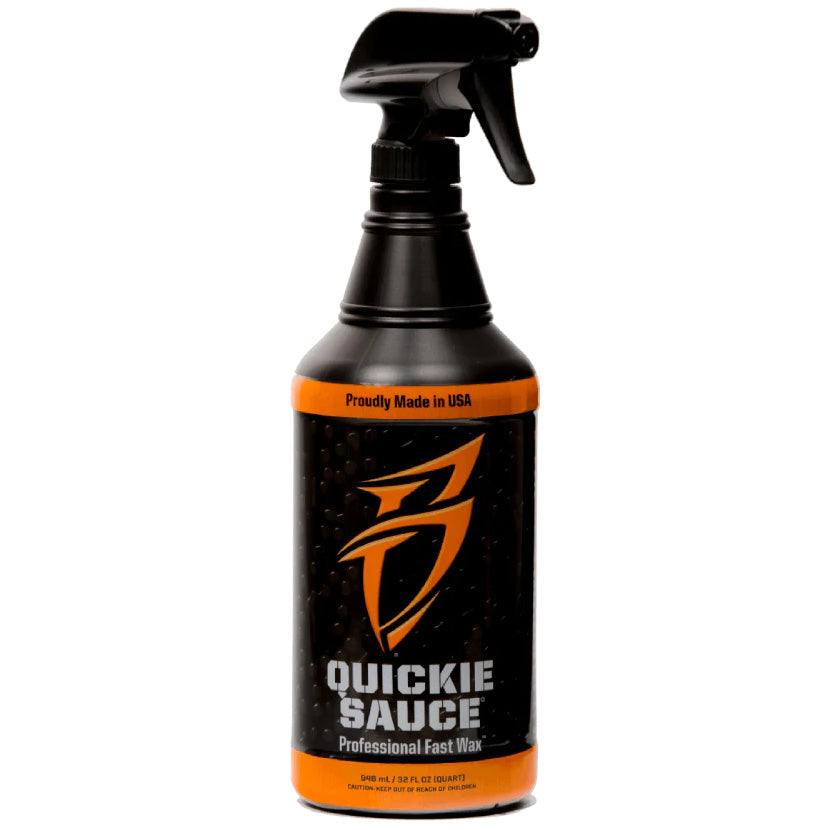 Bottle of Boat Bling Quickie Sauce Wax Sealant Spray with black and orange label and trigger spray nozzle designed for quick application of protective wax on boats and fishing gear.