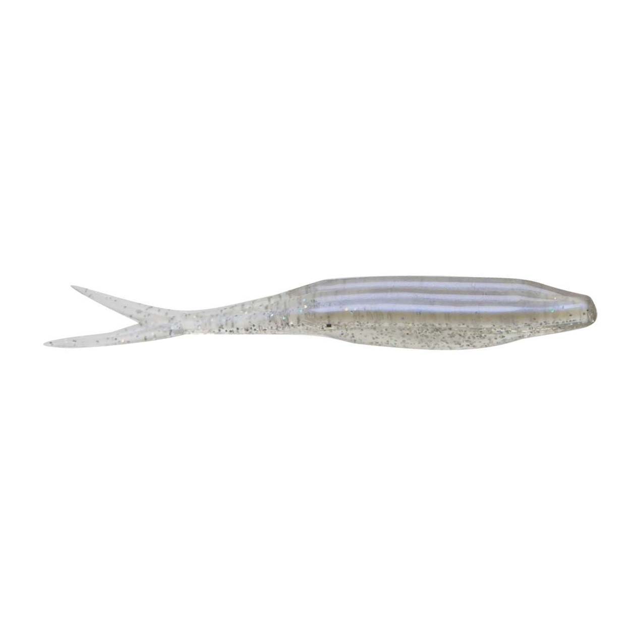 Zoom Bait Company Super Fluke Jr fishing lure in translucent, shad-like color with a forked tail designed for realistic movement in the water.