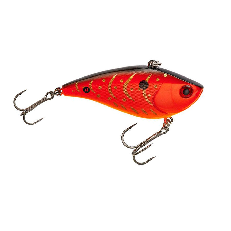 Booyah One Knocker Lipless Crankbait in red and black with gold accents, designed for fishing tackle with two sharp treble hooks for effective lure action.