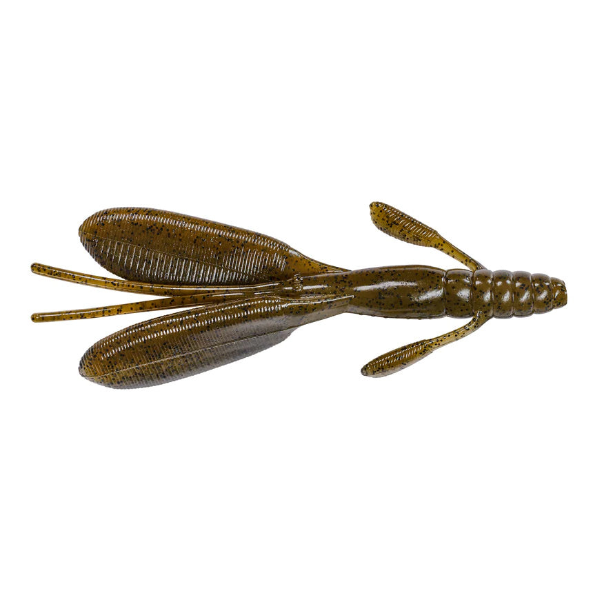 Nories 4.5" Escape Twin Creature Bait in natural brown with black flecks, designed for effective fishing lure action featuring twin paddle-like appendages and detailed segmented body.
