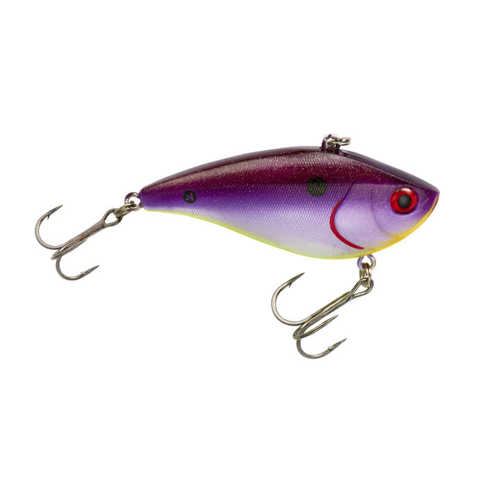 Booyah One Knocker Lipless Crankbait in purple and yellow with red eyes, featuring two sharp treble hooks, designed for effective fishing tackle use.