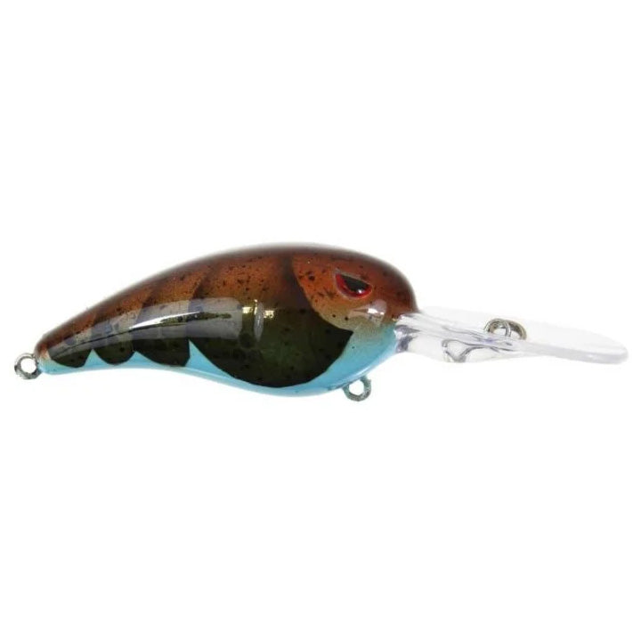 SPRO RkCrawler 55 Crankbait fishing lure in brown and blue colors with black markings, featuring a clear extended diving lip for deep water fishing.