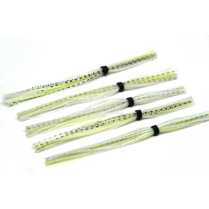 Set of translucent pale yellow and clear fishing lure skirts speckled with black dots, bundled with black bands, showcasing 6th Sense Silicone Skirt designed for fishing tackle.