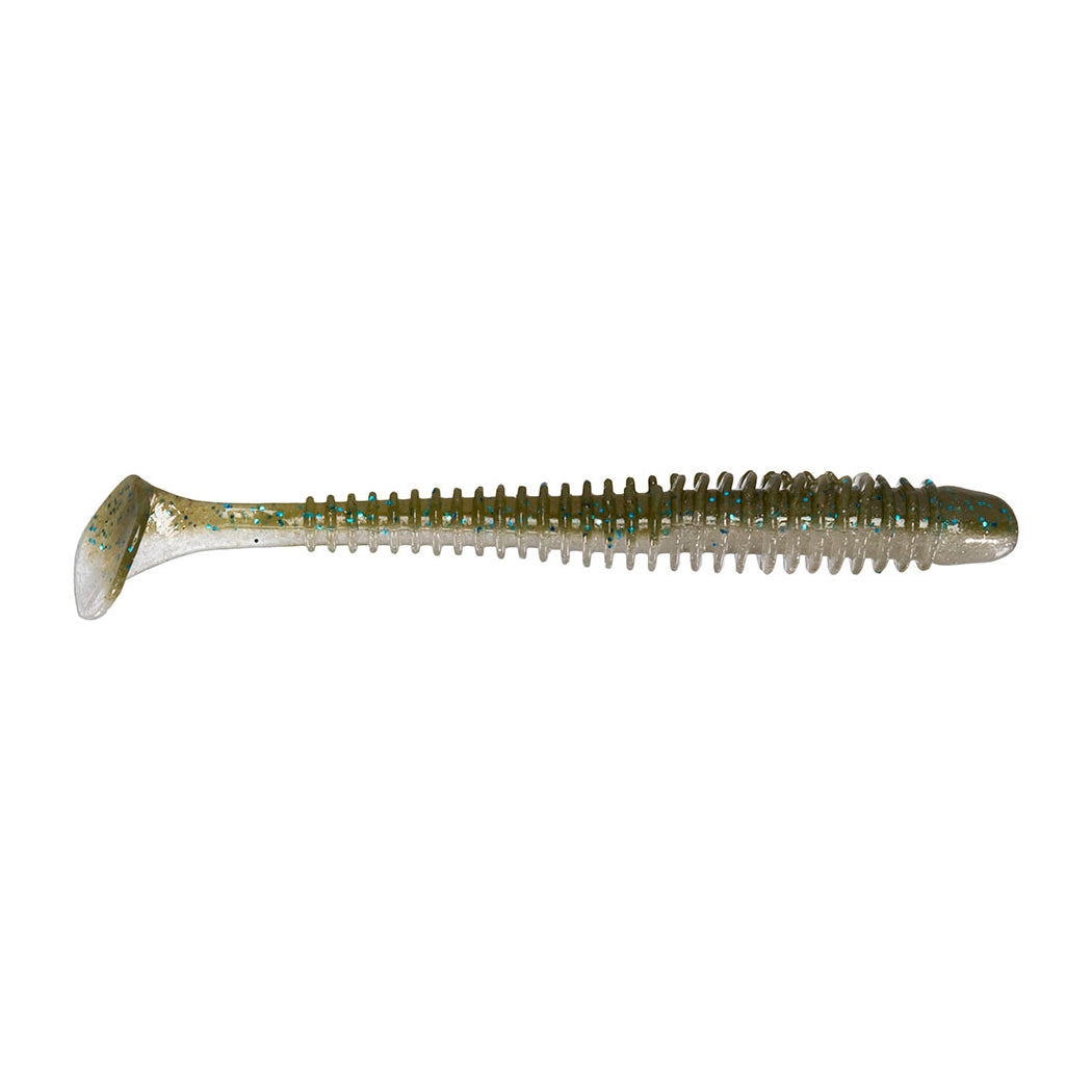 Keitech Swing Impact 3.5" + 4" soft plastic fishing lure in translucent green with blue flecks, ribbed body, and paddle tail designed for realistic swimming action to attract fish.