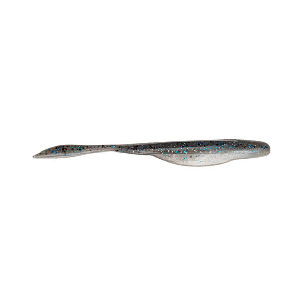 Strike King KVD Perfect Plastics 4" Caffeine Shad Jr. fishing lure in a smoky translucent color with blue and black speckles, designed for effective freshwater fishing.