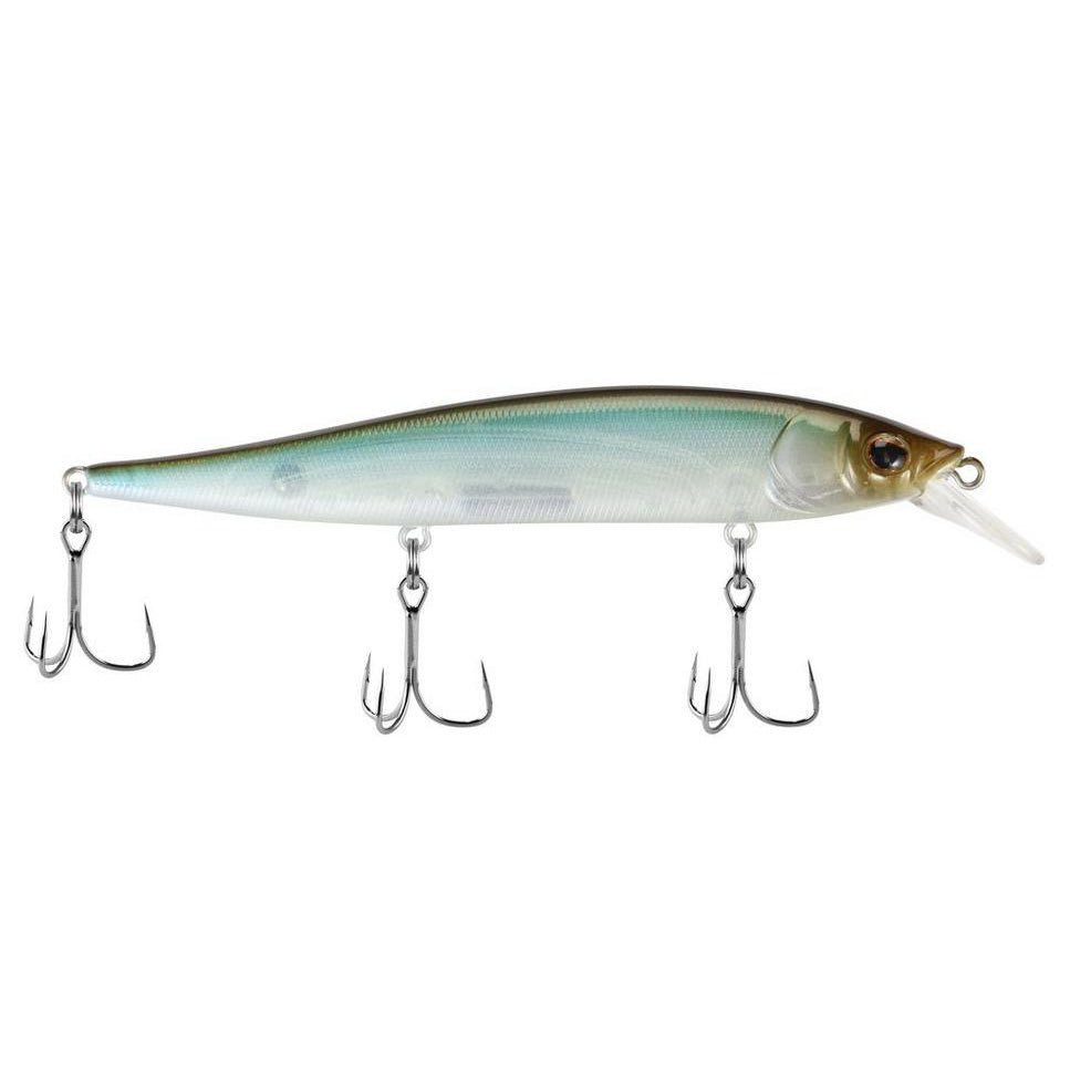 Berkley Stunna 112 Jerkbait in a translucent blue-green finish with three sharp treble hooks, designed for effective fishing tackle and lure performance.