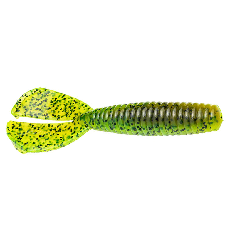 Strike King Magnum Rage Menace Grub fishing lure in green and yellow with black speckles, featuring a ribbed body and twin paddle tail for realistic water movement.