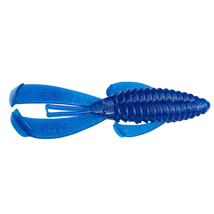 Blue segmented soft plastic fishing lure with twin paddle tails designed to mimic prey, shown as the Strike King Rage Bug for fishing tackle use.