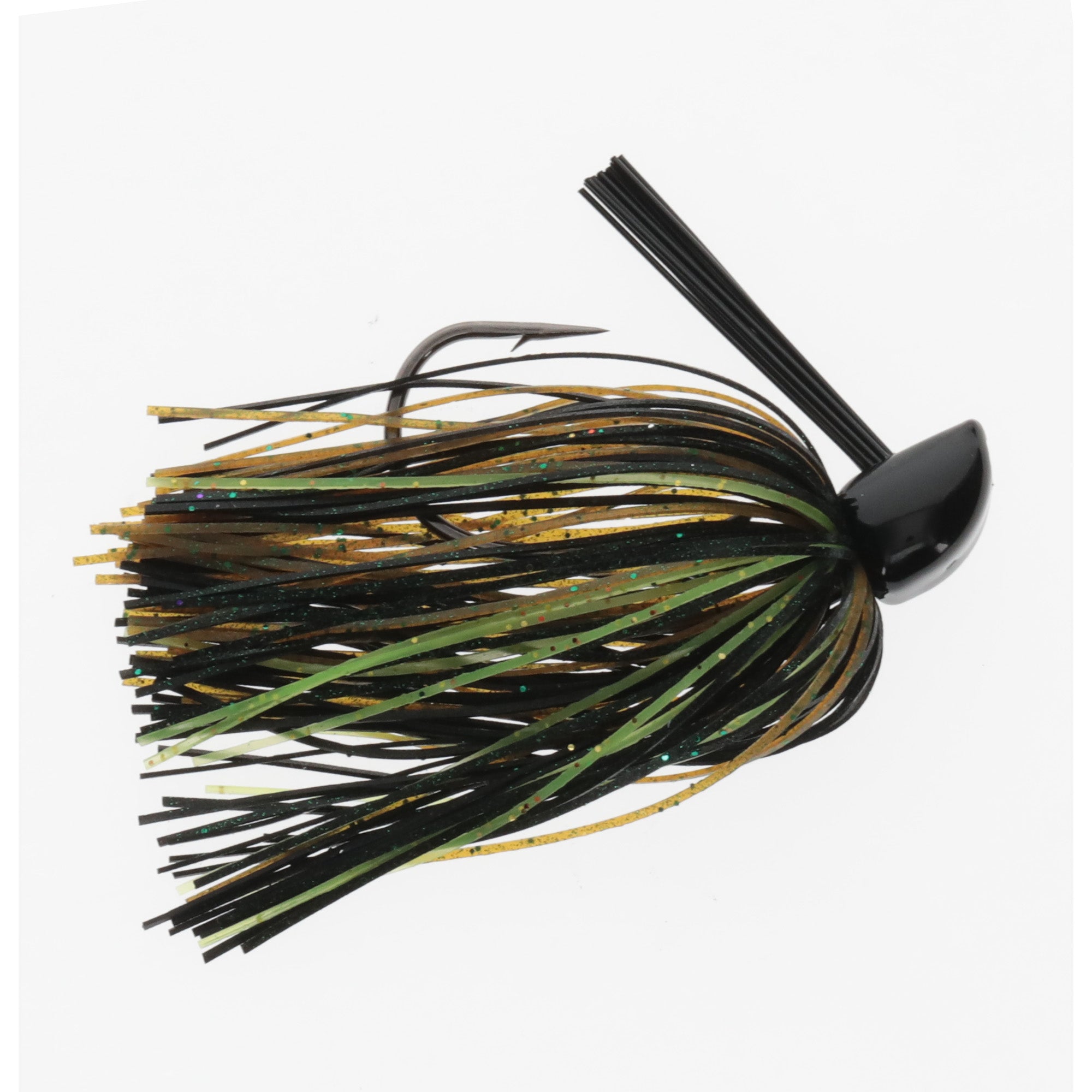 Strike King Compact Tungsten Casting Jig with green, black, and brown skirt material, featuring a weighted tungsten head and a sharp fishing hook for effective fishing tackle use.