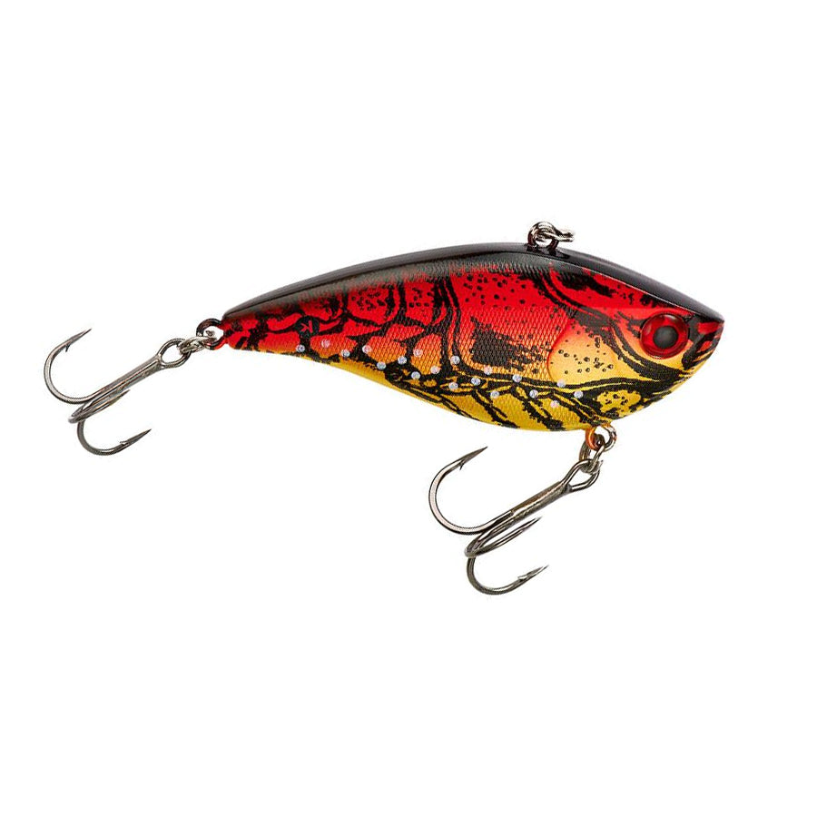 Booyah One Knocker Lipless Crankbait fishing lure in red, black, and yellow detailed pattern with two treble hooks designed for effective musky and freshwater fishing tackle.