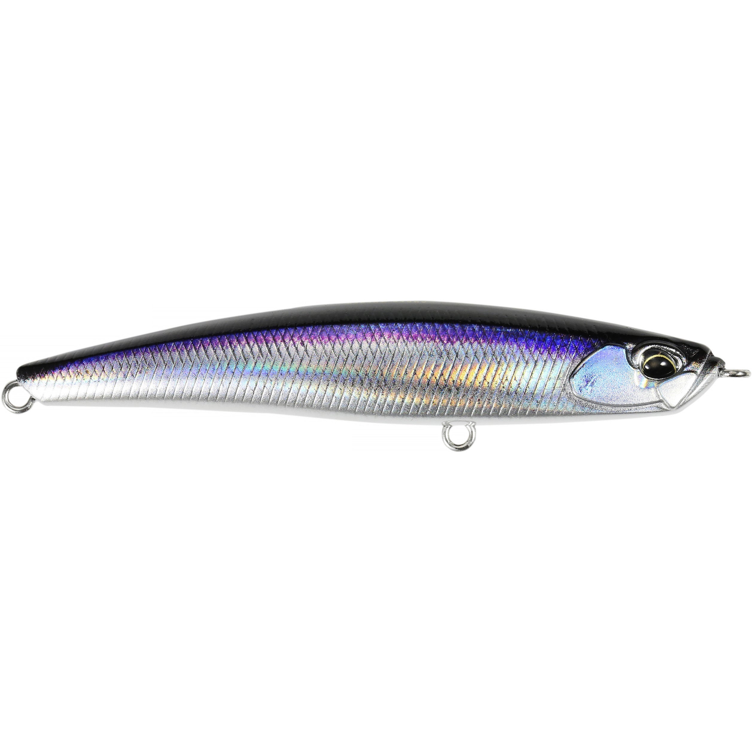 Duo Realis Bayruf Seek 85S fishing lure with a sleek silver and purple body, detailed scale texture, and realistic fish eye designed for effective fishing tackle use.