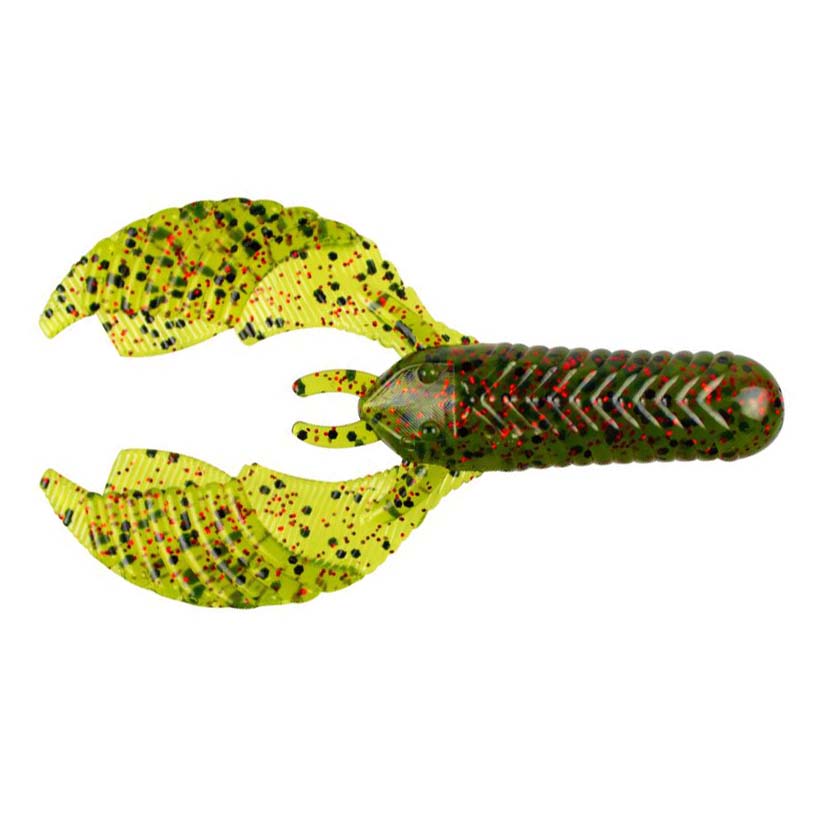 Yum Craw Chunk fishing lure in watermelon red color with speckled black and red spots, designed to imitate a crawfish for effective fishing tackle use.