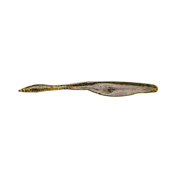 Soft plastic fishing lure with a slender body and paddle tail in a dark green color flecked with red and black, identified as Strike King KVD Perfect Plastics 4" Caffeine Shad Jr.