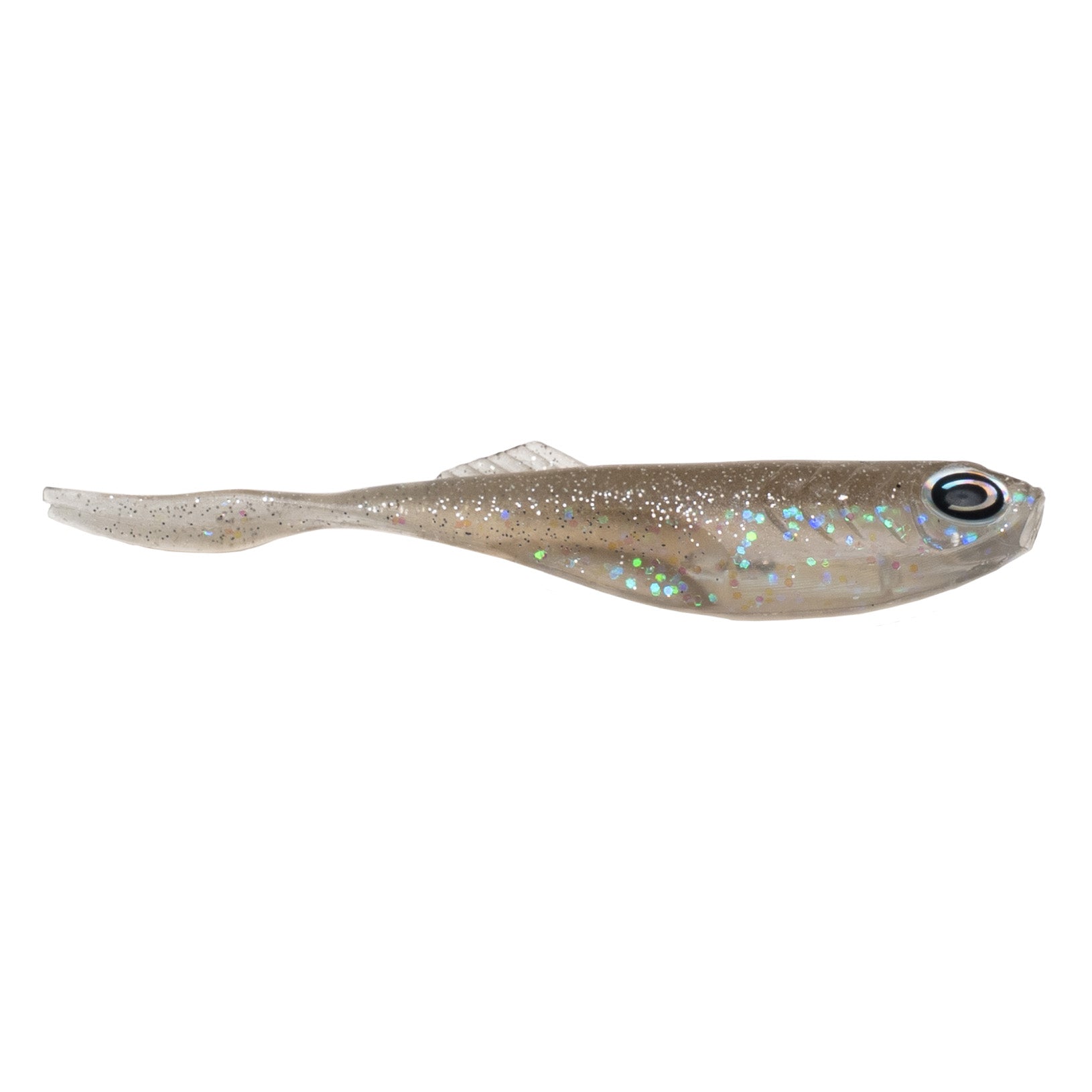 CAST Fishing Echo 2.75" soft fishing lure in translucent gray with holographic glitter and detailed eye, designed for effective fishing tackle and lure presentation.