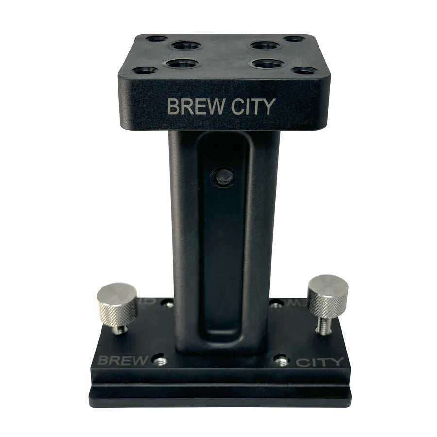 Brew City CT360 Riser 5" - 2000" black metal fishing rod riser with multiple mounting holes and two silver tightening knobs for secure installation.