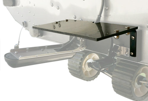 Rig Rite Rooster Tail Tamer mounted black metal fishing tackle holder bracket attached to a boat trailer frame with wheels visible below.