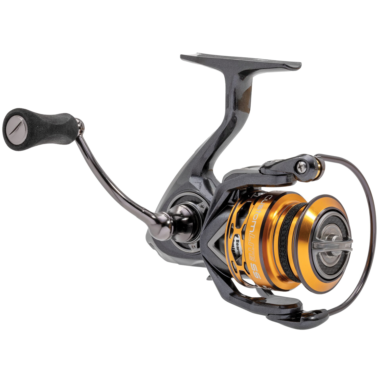 Fishing reel with black and gold components on a white background