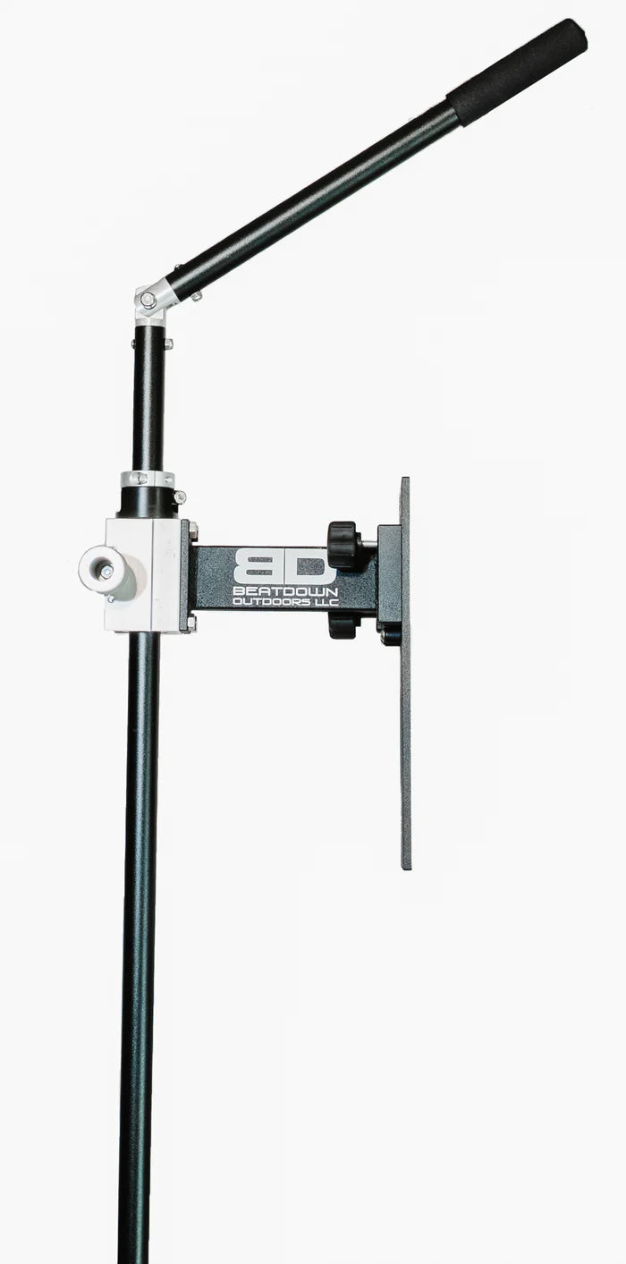 Beatdown Outdoors Pontoon - Fixed Transducer Pole SKU:TPOLE-FIXED-AT-PONTOON showing a black adjustable pole with a padded handle, metal mounting bracket, and swivel mechanism designed for secure transducer installation on fishing pontoons.