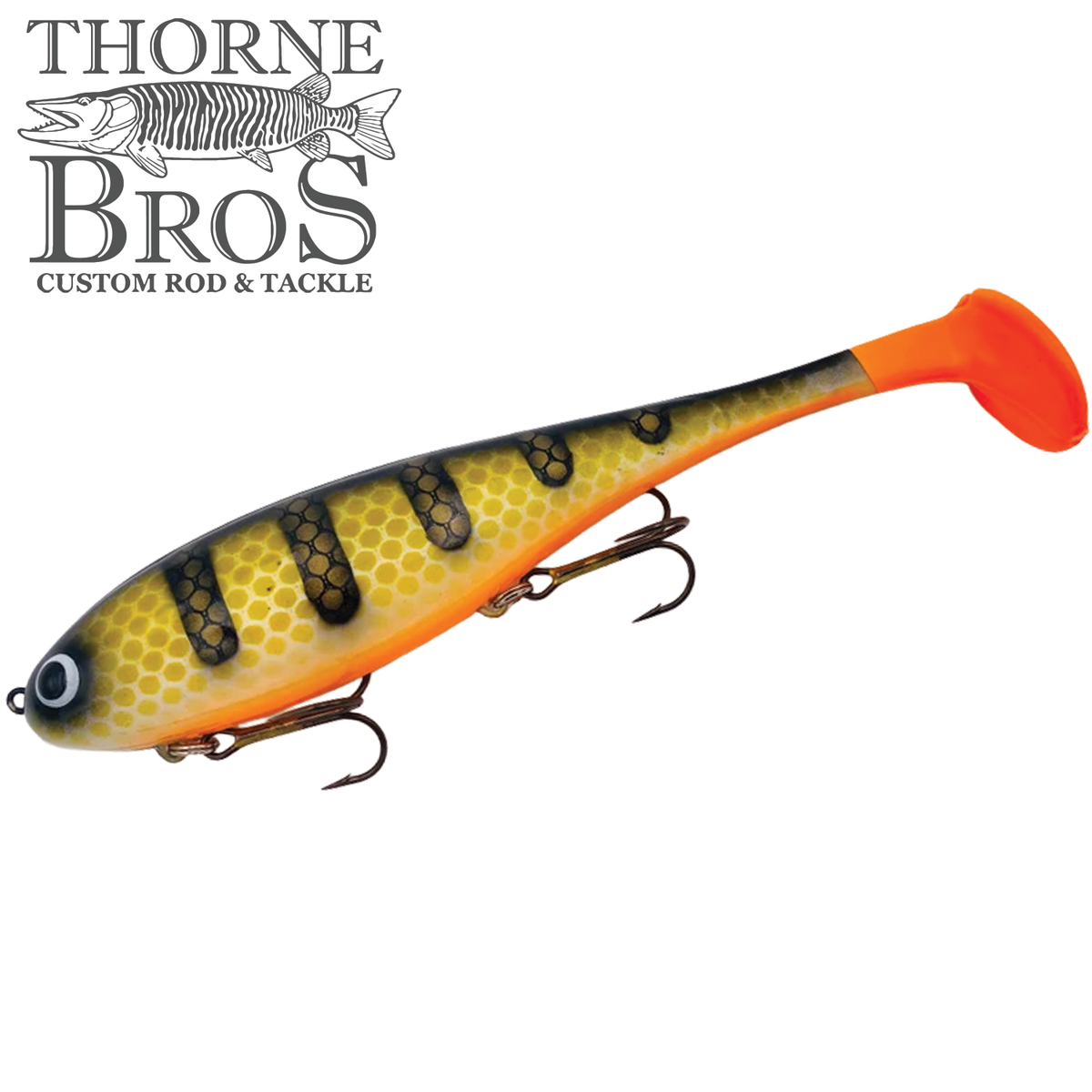 Musky Innovations Magnum Swimmin' Dawg - SHALLOW yellow and orange musky fishing lure with paddle tail and treble hooks for shallow water fishing
