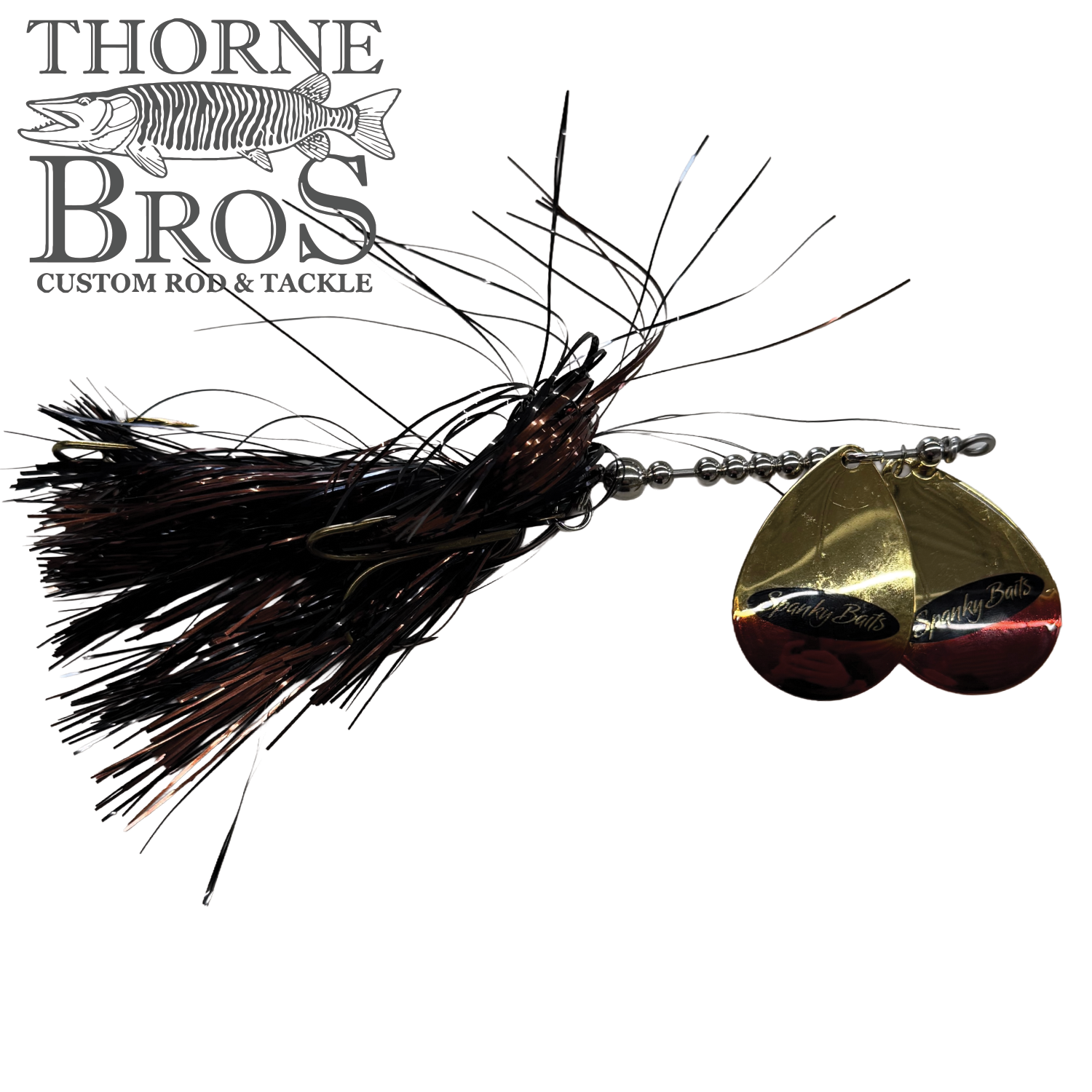 Spanky Baits Fireball 8" fishing lure with black and brown skirt and two shiny gold spinner blades designed for musky fishing.
