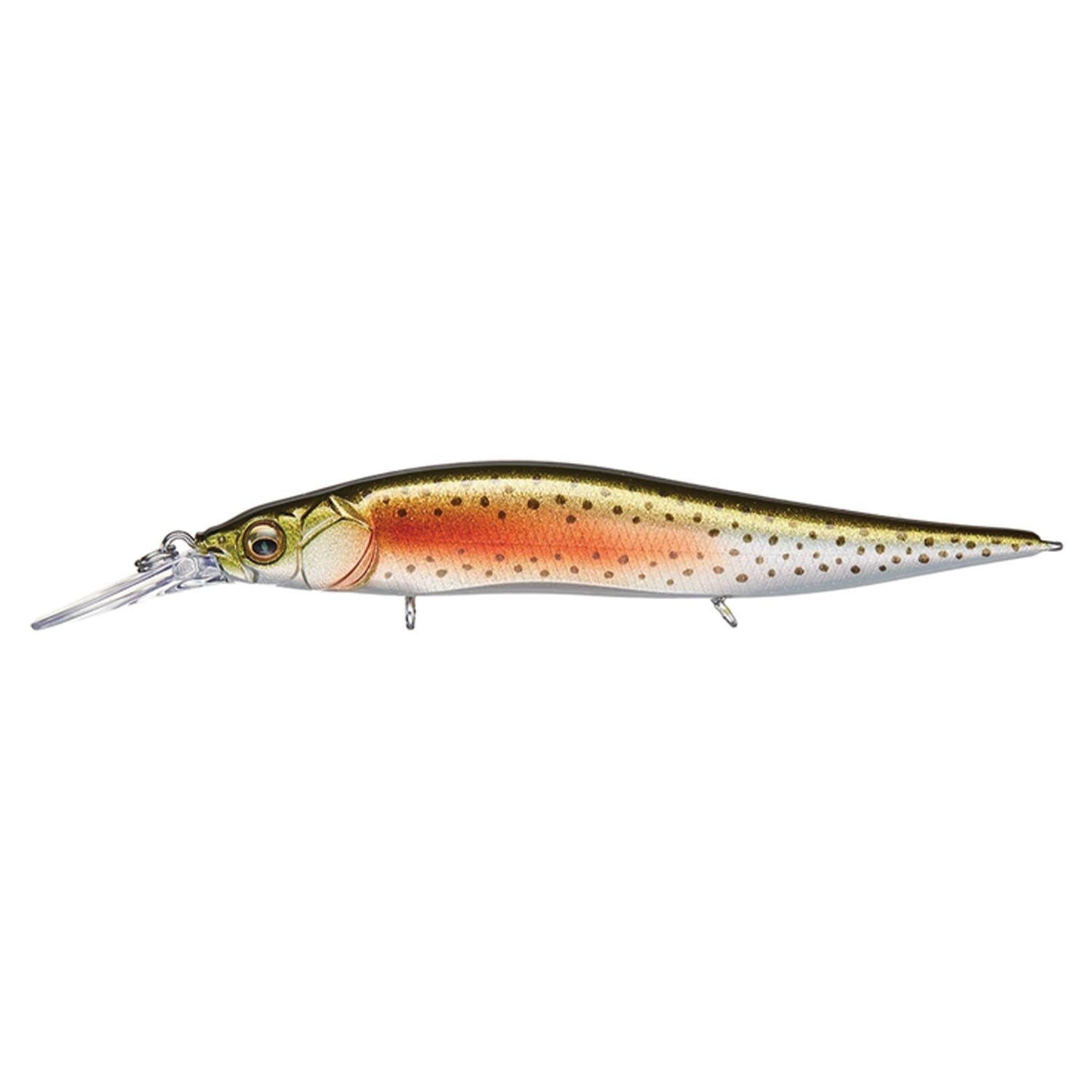 Megabass Vision 110+1 Jr. fishing lure in detailed natural colors with a long clear lip designed for deep diving, ideal for musky and freshwater fishing tackle.