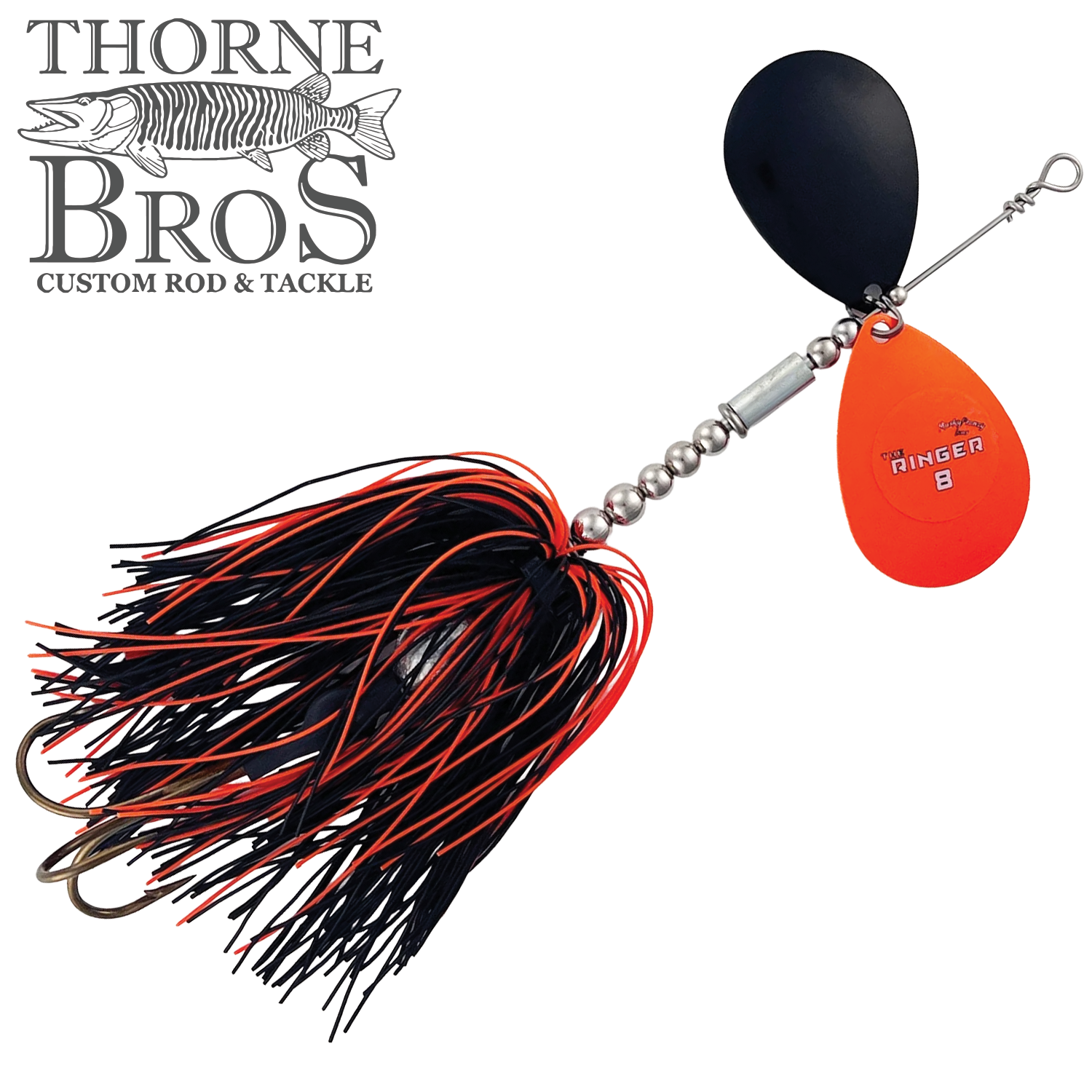 Musky Frenzy The Ringer 8 spinnerbait with black and orange skirt, two metal blades in black and orange, and a triple hook designed for fishing tackle use.