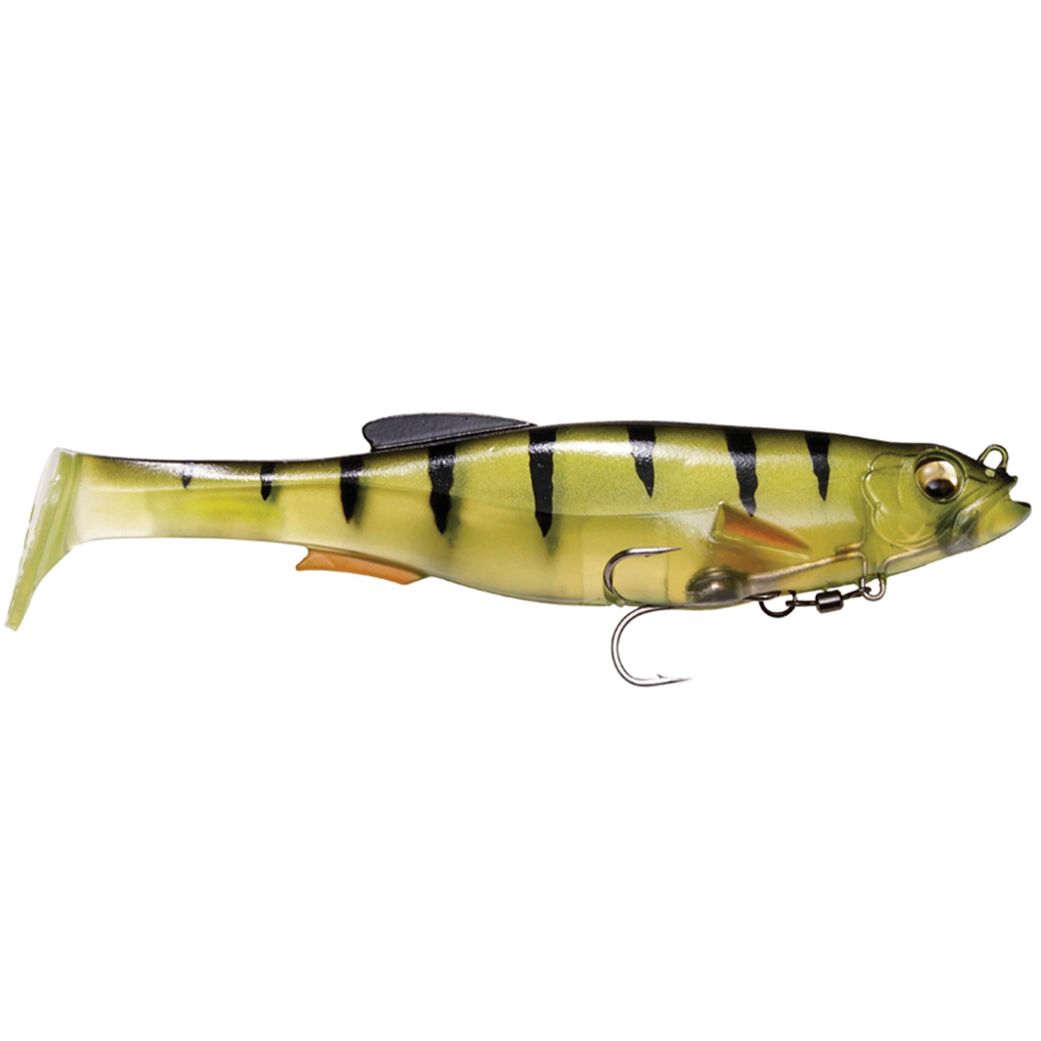 Megabass Magdraft fishing lure in yellow and black striped design with realistic fish eyes and attached hooks, ideal for fishing tackle enthusiasts.