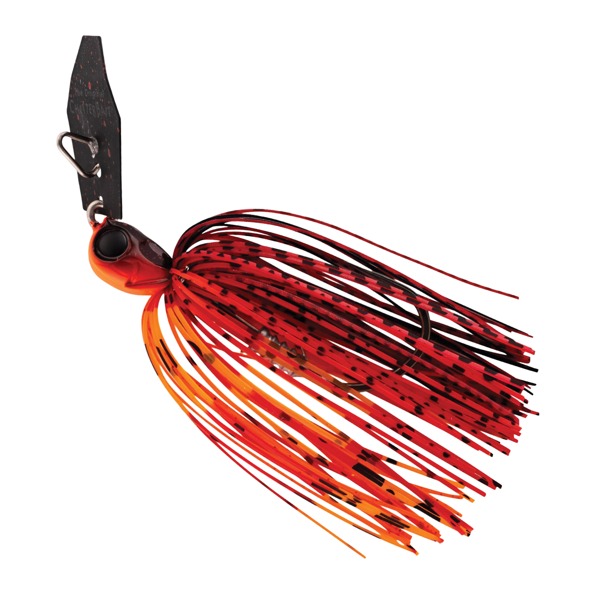 Z-Man Chatterbait Elite Evo HD fishing lure with vibrant red and orange skirt, black speckles, and a metal blade designed for effective fishing tackle use.