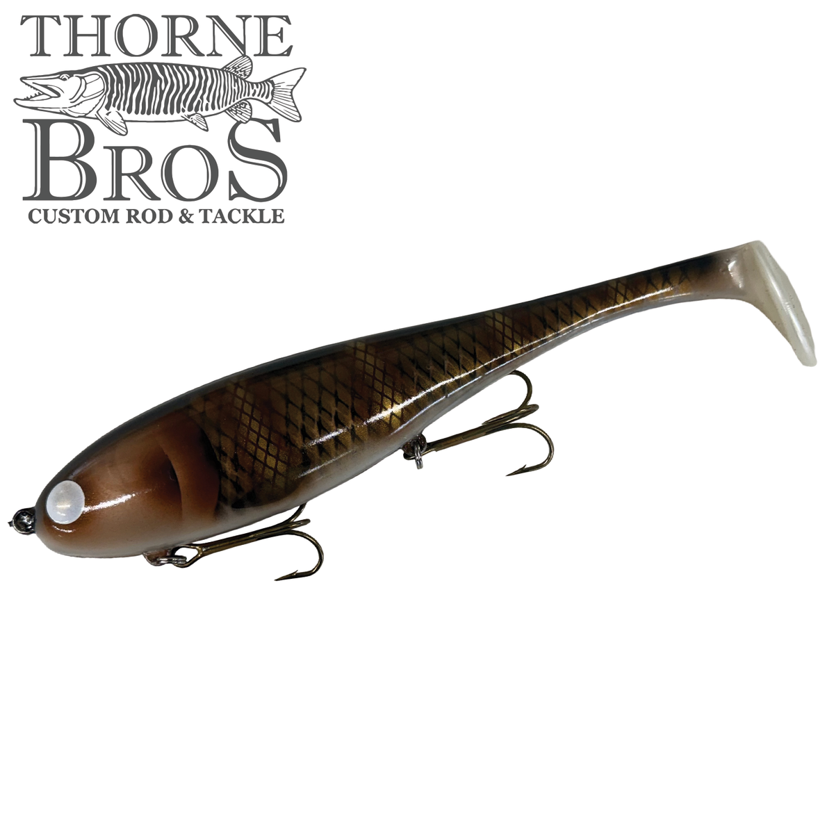 Musky Innovations Magnum Swimmin' Dawg - SHALLOW brown soft plastic fishing lure with paddle tail and treble hooks for musky fishing