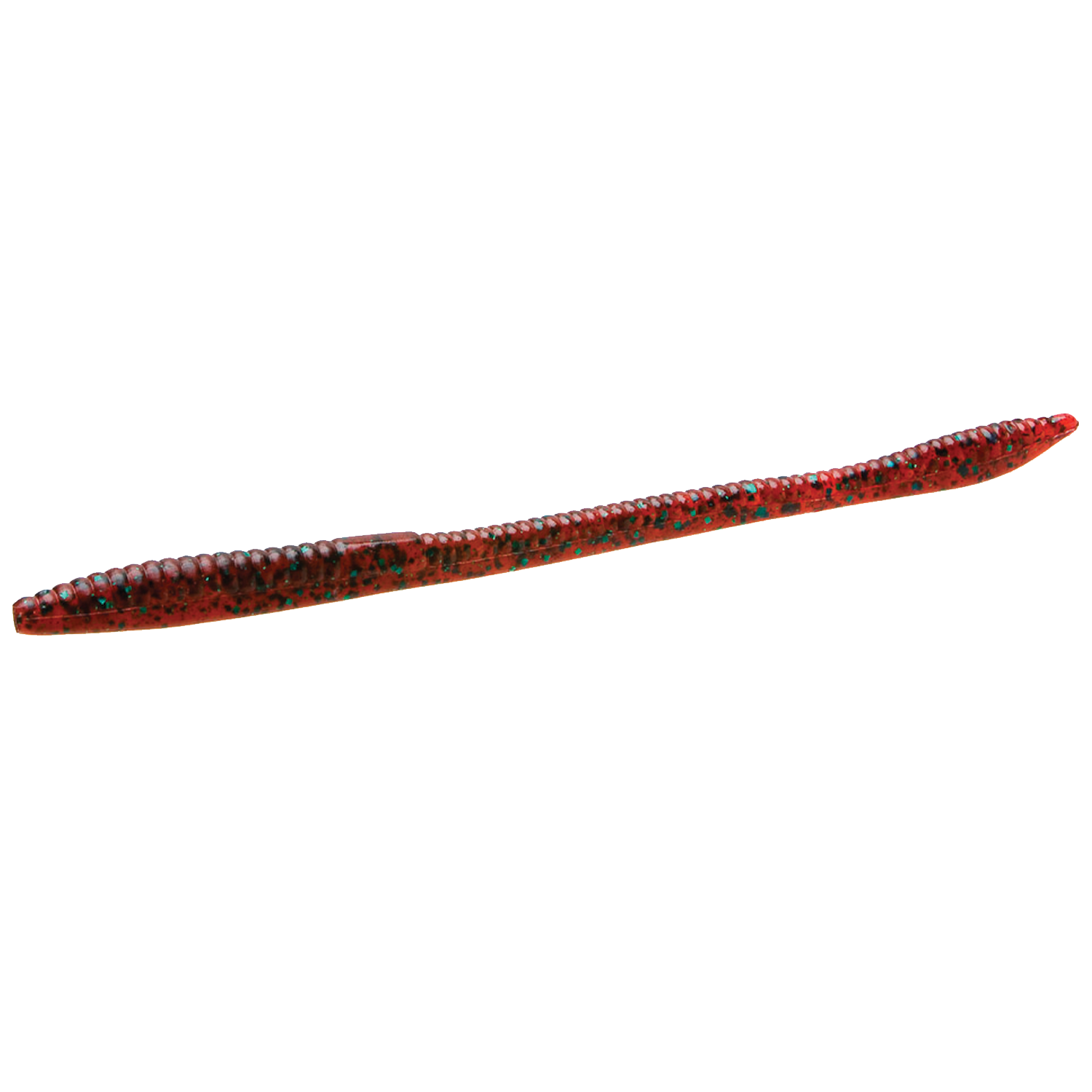 Zoom Bait Company Trick Worm in red with black and blue speckles, featuring a ribbed texture designed for fishing tackle and effective lure action in freshwater fishing.