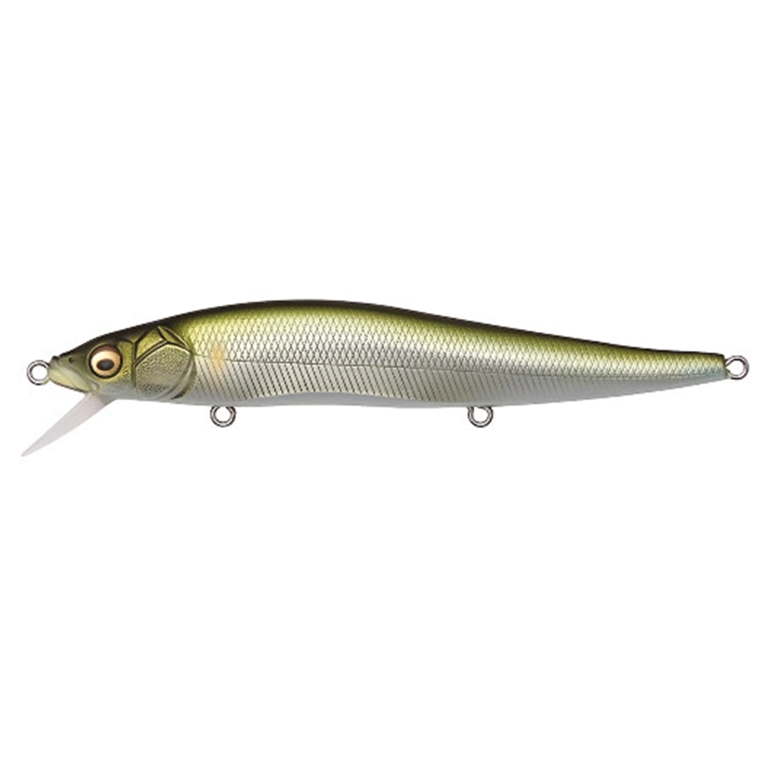 Megabass Vision 110 fishing lure designed with a realistic fish pattern in green and silver tones, featuring attachment points for hooks and a diving lip for effective fishing tackle use.