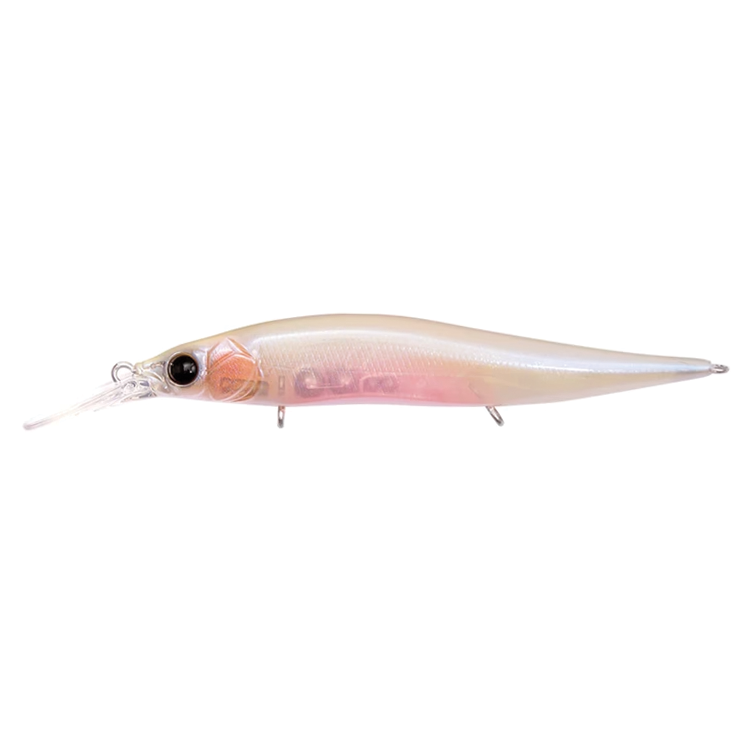 Megabass Vision 110+1 Jr. fishing lure in translucent pearl with realistic fish eye and detailed internal components, designed for effective fishing tackle use.