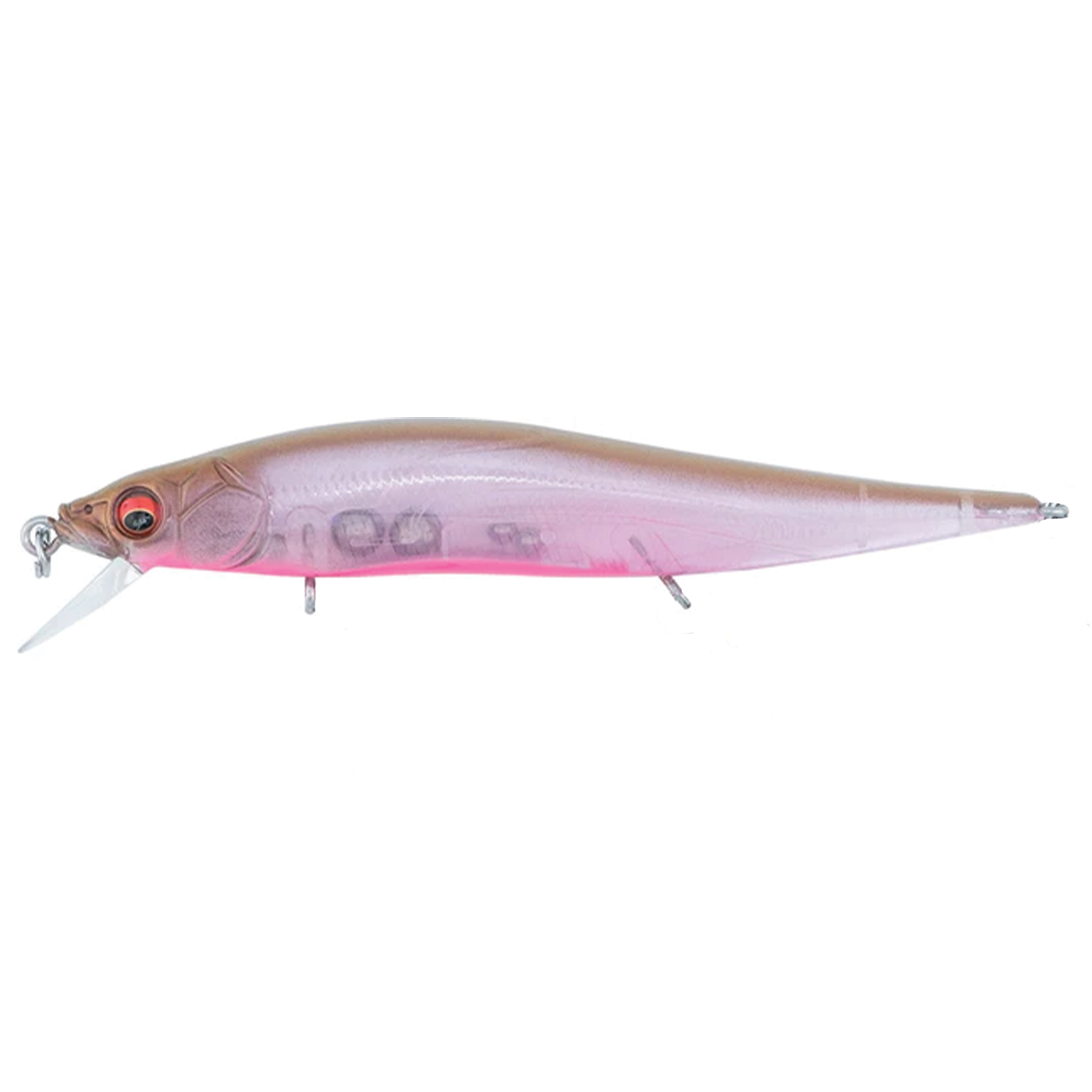 Megabass Vision 110 Jr. fishing lure in translucent pink and brown with detailed eyes and small diving lip, designed for precision fishing tackle use.