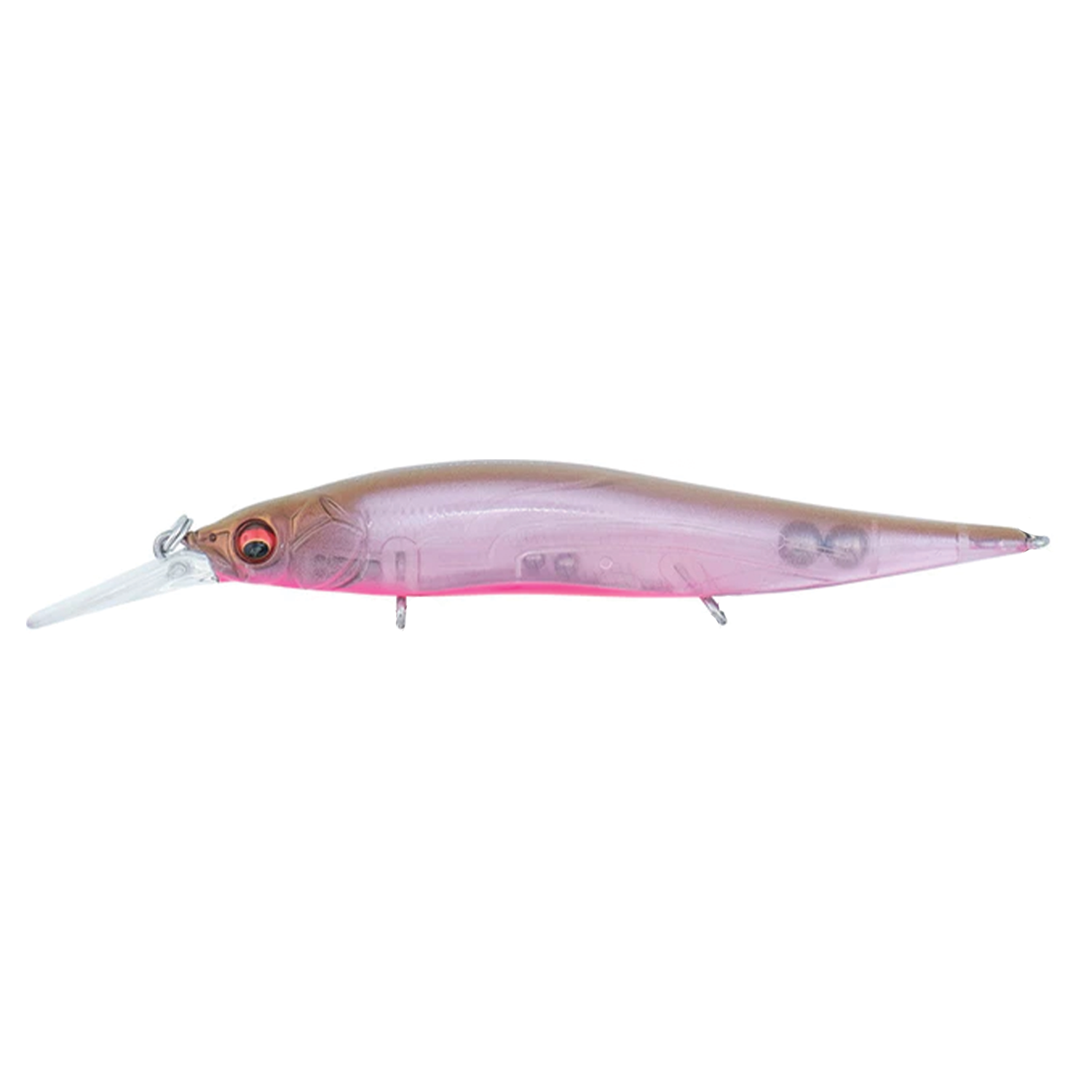 Megabass Vision 110+1 Jr. fishing lure in translucent pink and brown with detailed internal components and a clear diving lip for freshwater fishing tackle.