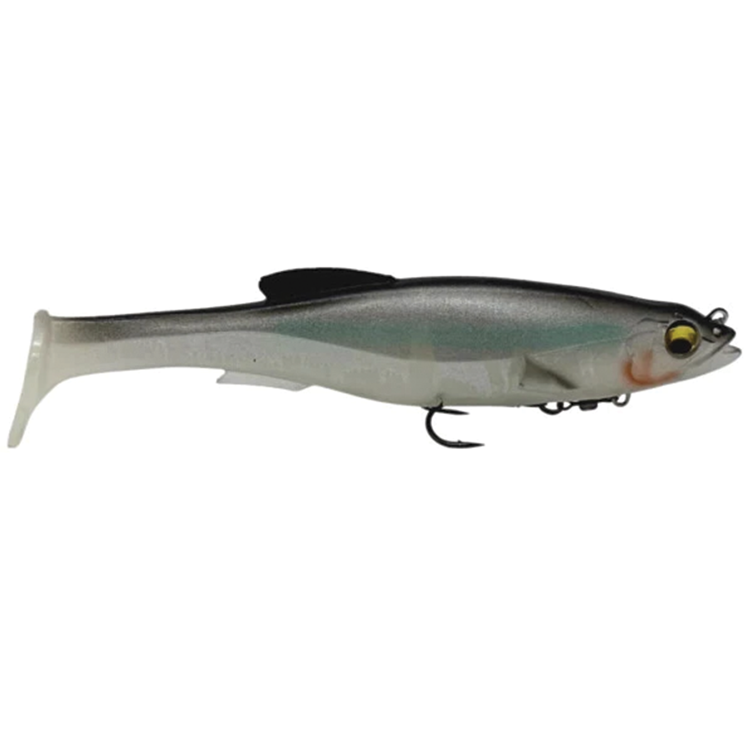 Megabass Magdraft soft plastic fishing lure designed to mimic a small baitfish with natural gray and white coloring, featuring lifelike eyes and a single hook for fishing tackle.