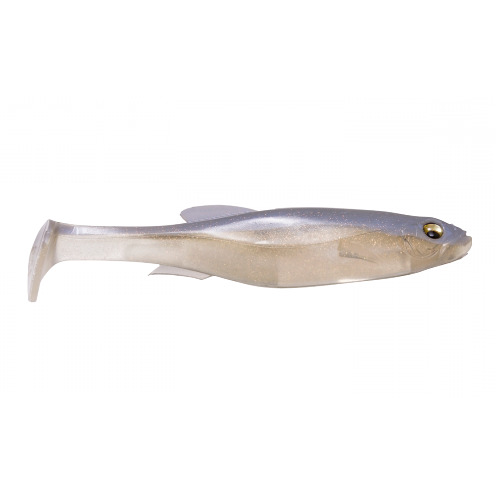 Megabass Magdraft 6" Freestyle fishing lure designed to mimic a small baitfish with a soft, shiny body and paddle tail for lifelike movement in water.