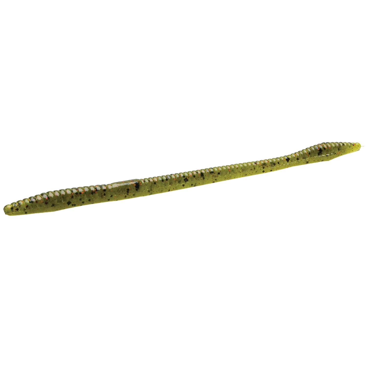Zoom Bait Company Trick Worm in translucent green with black and red speckles, designed as a soft fishing lure for freshwater fishing tackle.