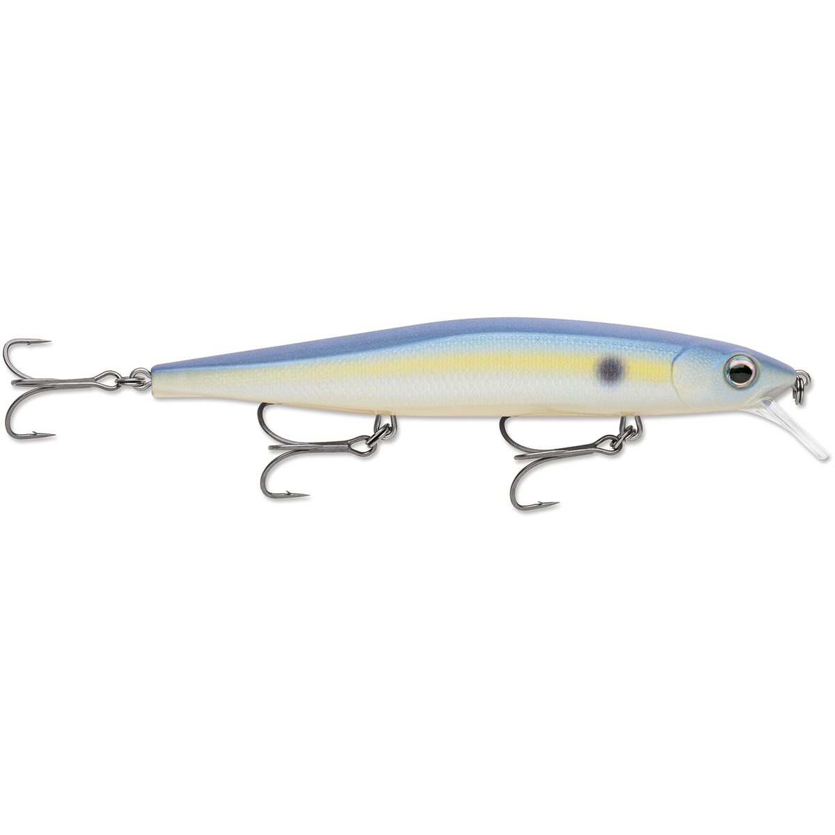 Rapala Precision Xtreme Mavrik 110 fishing lure with blue and yellow finish realistic eye and three treble hooks for musky tackle and freshwater fishing