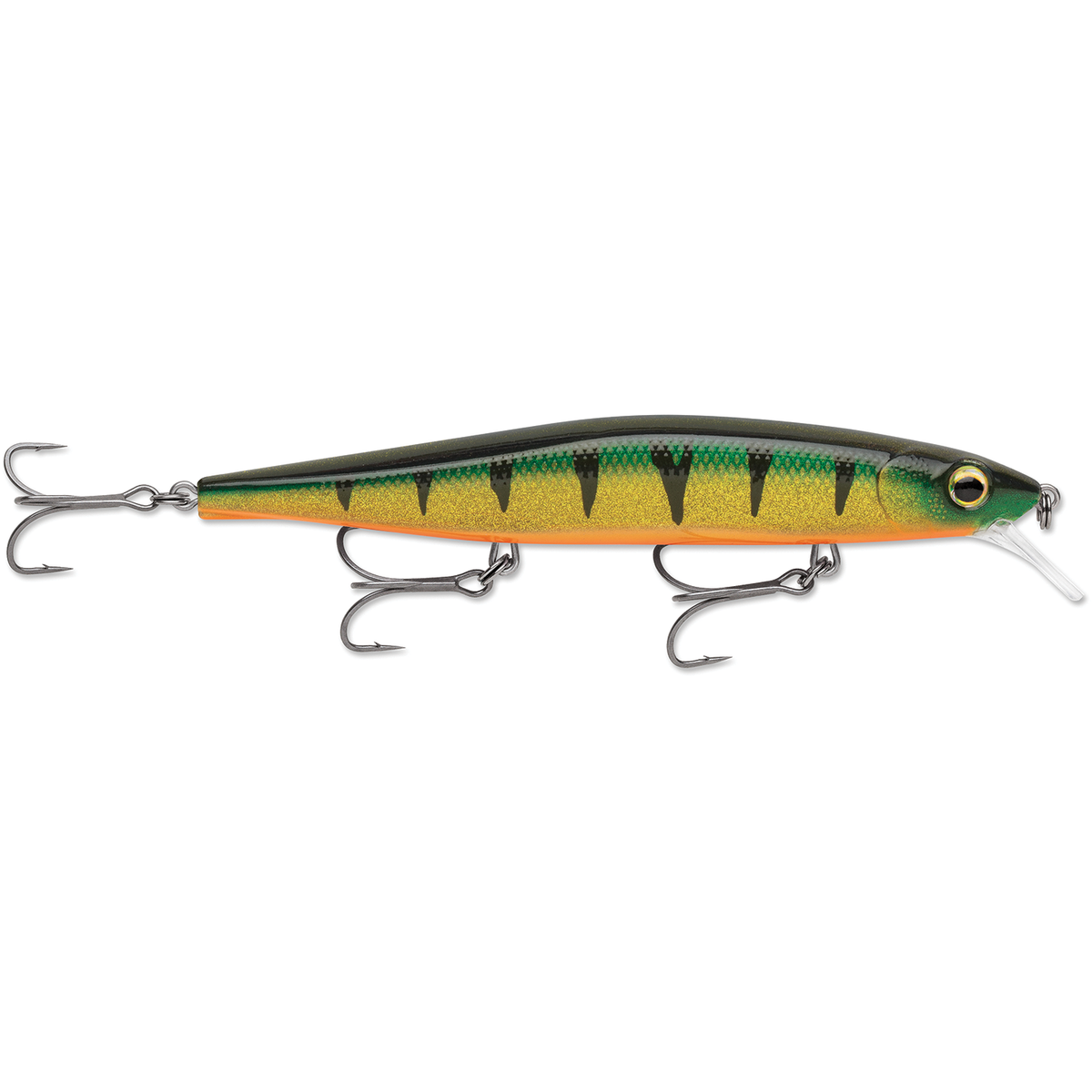 Rapala Precision Xtreme Mavrik 110 fishing lure with perch pattern orange belly diving lip and treble hooks for musky fishing tackle