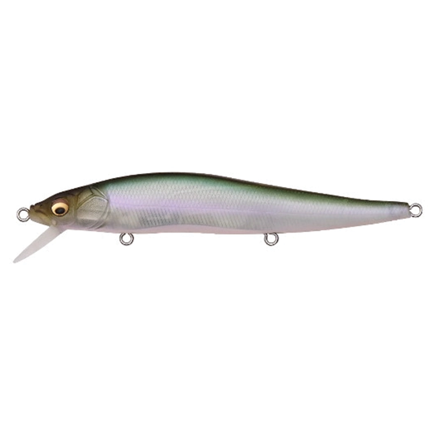 Megabass Vision 110 fishing lure in natural green and silver colors, designed for realistic movement to attract musky and other game fish.