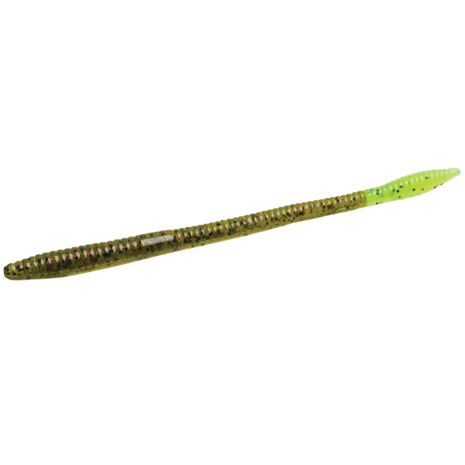 Zoom Bait Company Trick Worm soft plastic fishing lure with a segmented body, green and chartreuse color gradient, designed for use with fishing tackle.