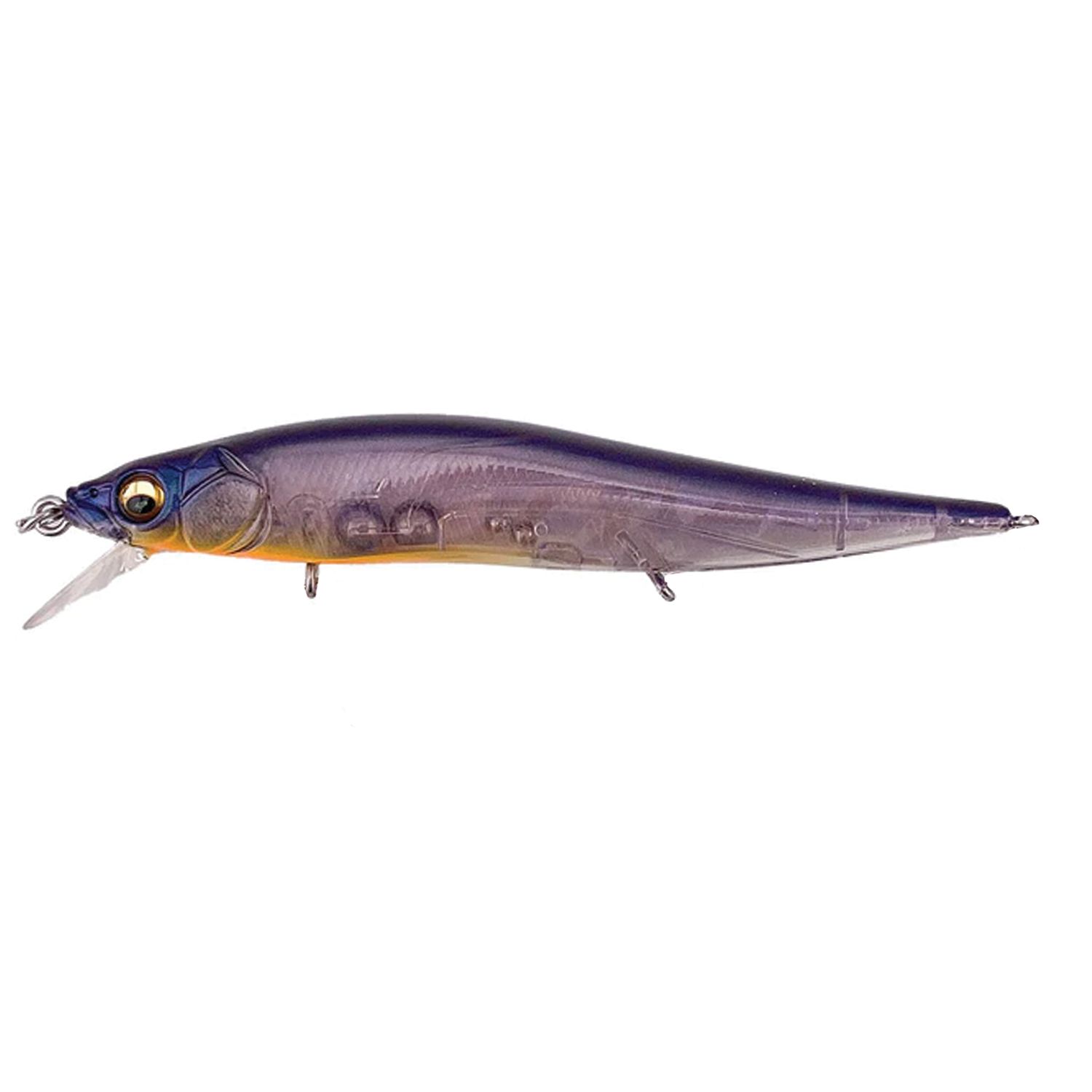 Megabass Vision 110 Jr. fishing lure in translucent purple and yellow with detailed eyes, designed for effective attraction in freshwater fishing tackle.