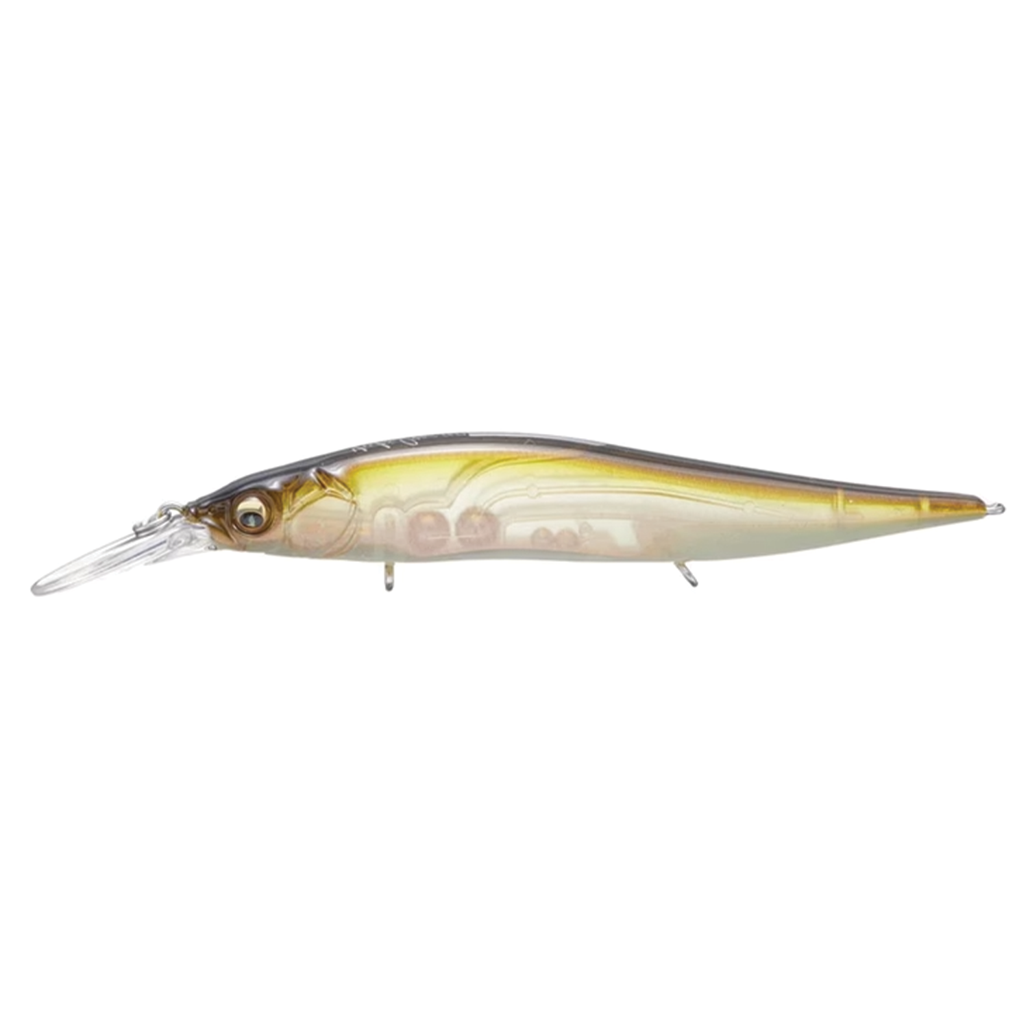 Megabass Vision 110+1 Jr. fishing lure with a streamlined body, translucent yellow and brown coloration, and a clear diving lip for precise movement in the water.