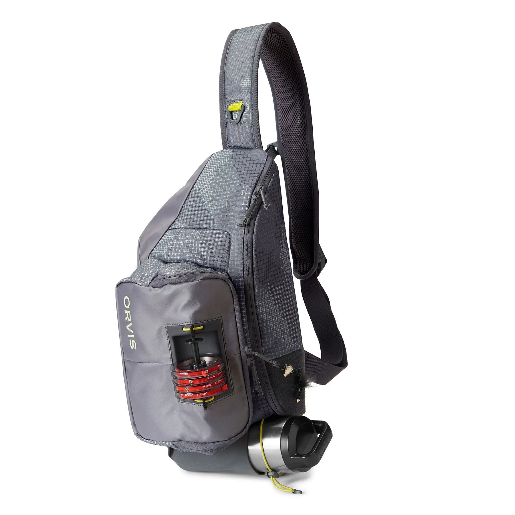 Orvis Sling Pack in gray with multiple compartments, padded adjustable strap, front fishing reel holder, and side mesh pocket designed for fishing tackle and outdoor use.
