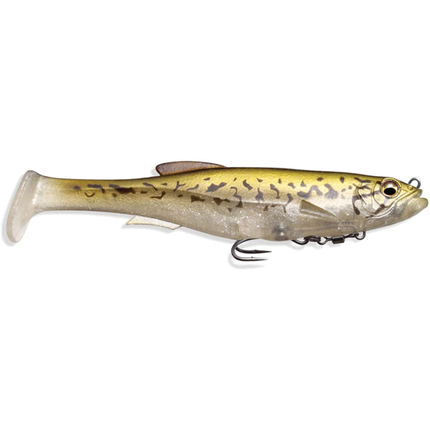 Megabass Magdraft fishing lure designed to mimic a small fish with a gold and brown speckled body, lifelike eyes, and a soft plastic tail for realistic movement.