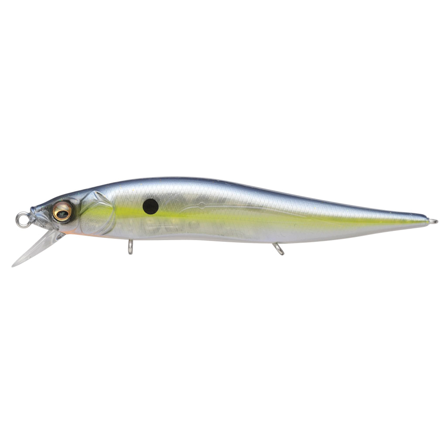 Megabass Vision 110 Jr. fishing lure in silver and yellow with realistic fish detailing and a small diving lip for freshwater fishing tackle.