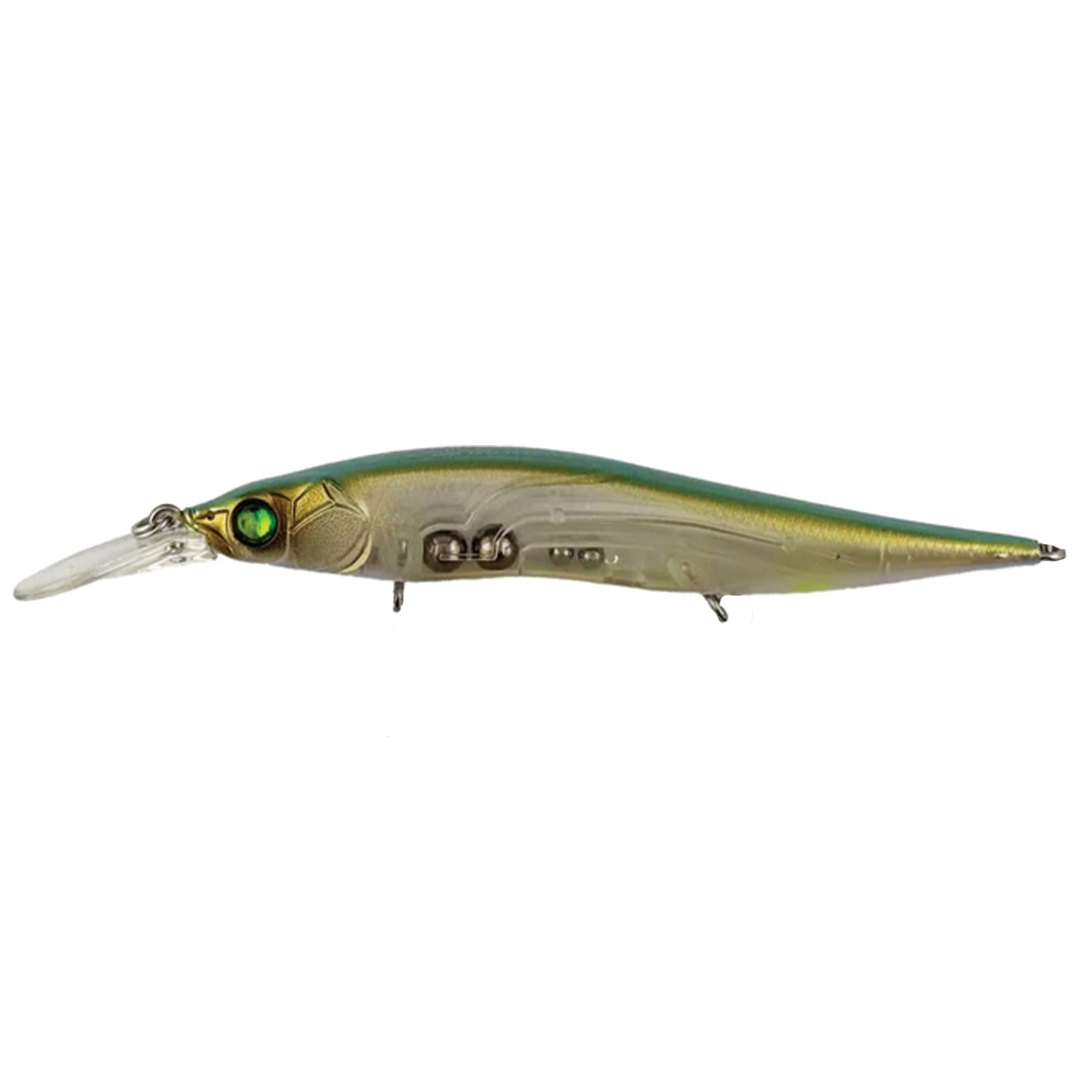 Megabass Vision 110+1 Jr. fishing lure with a sleek, elongated body in green and gold tones, featuring a clear diving lip and detailed lifelike eyes for musky fishing.